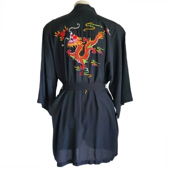 Vintage Dragon Embroidered Kimono Style Artsy Boho Robe Black Size S - Picture 2 of 13